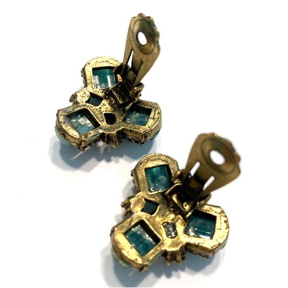 Vintage Mid Century Clip On Earrings Dressy Gold Green Purple Faux Pearl Beads - Picture 4 of 8
